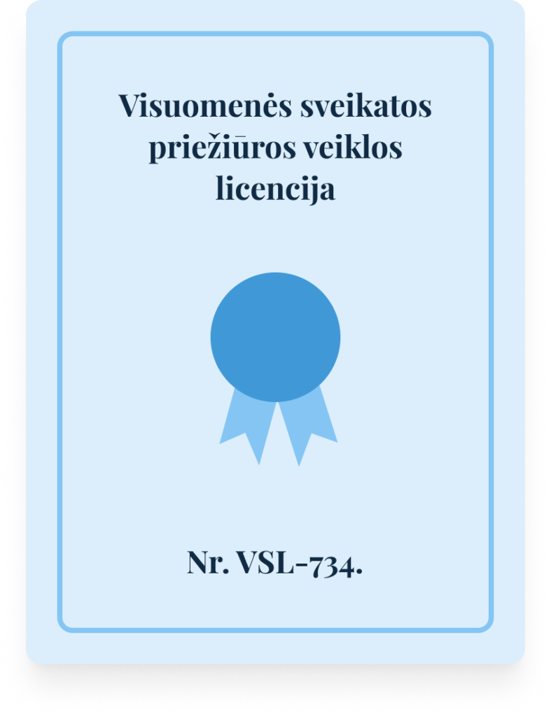 Visuomenės sveikatos priežiūros veiklos licencija Nr. VSL-734.