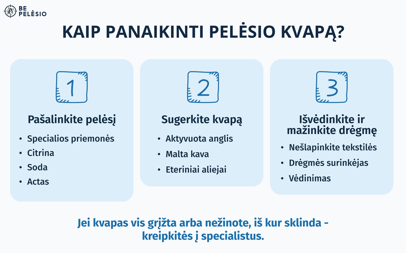 Kaip panaikinti pelėsio kvapą: pašalinkite pelėsį, sugerkite jo kvapą, išvėdinkite ir mažinkite drėgmę arba kreipkitės į specialistus